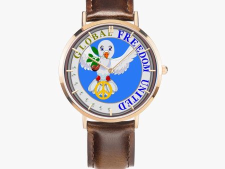 GLOBAL FREEDOM UNITED© Hot Selling Ultra-Thin Leather Strap Quartz Watch (Rose Gold With Indicators) DOVE OF PEACE  BLUE WITH PIPE Discount