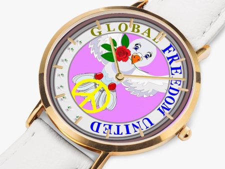 GLOBAL FREEDOM UNITED DOVE OF PEACE OLD PEACE RED ROSES Hot Selling Ultra-Thin Leather Strap Quartz Watch (Rose Gold With Indicators) Hot on Sale