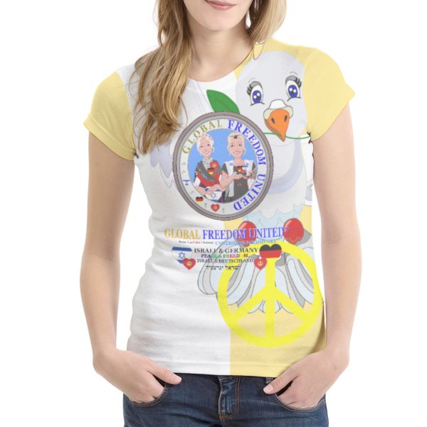 Women´s T-shirt GLOBAL FREEDOM UNITED© Israel & Germany Old Peace Version 1 Yellow For Discount